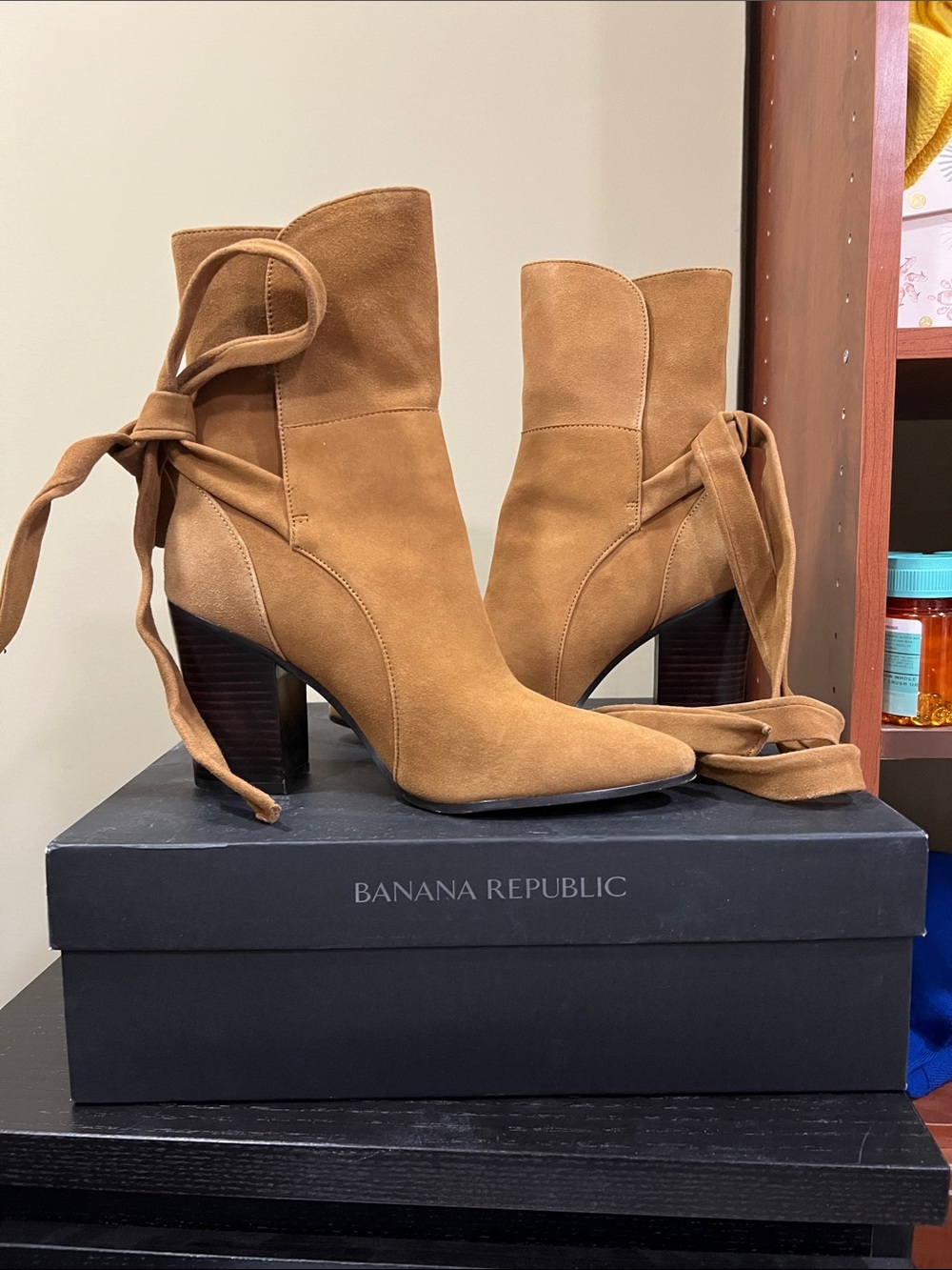 Banana Republic Caramel Suede Wrap-Tie Ankle Boots